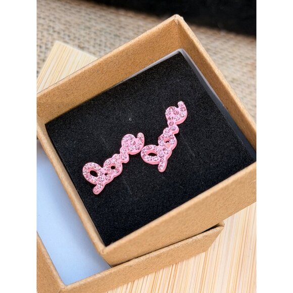 Pink Rhinestone "Love" Stud Earrings With Secure Backings In Gift Box - Picture 6 of 7